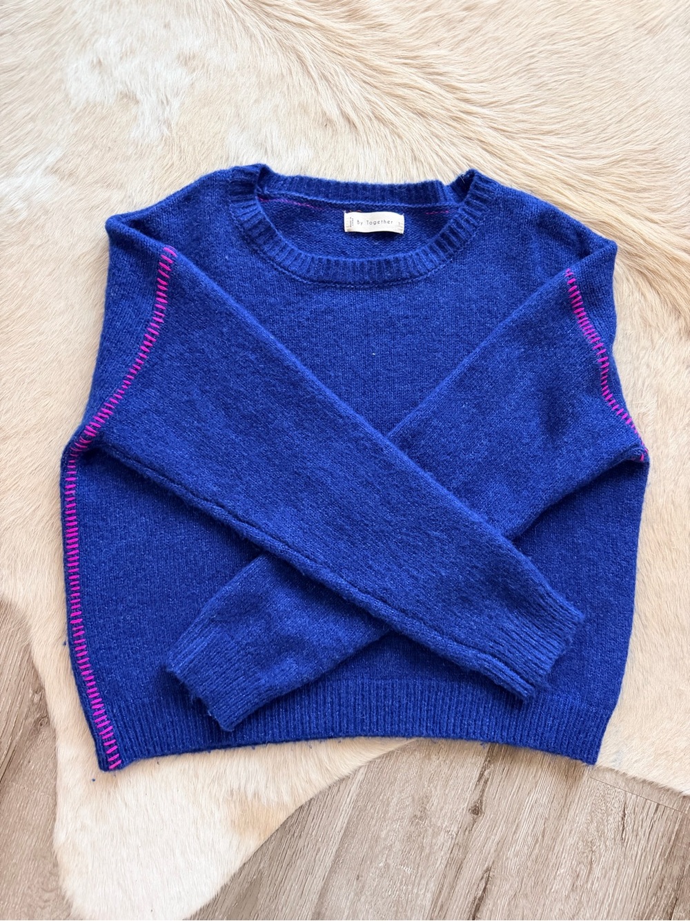 By Together Royal Blue Crewneck Sweater with Pink Stitching NWOT